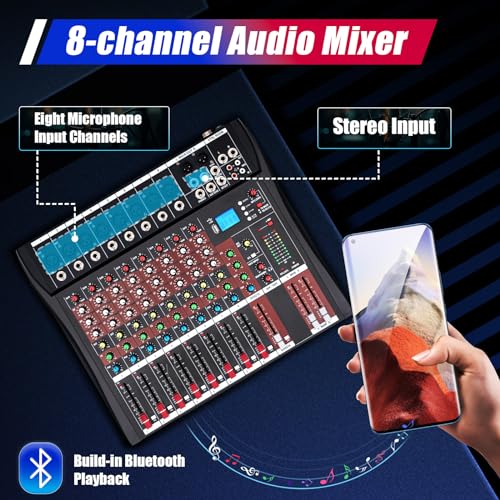 Professional 8-Channel Audio Mixer with MP3 & USB, Bluetooth & Phantom Power for Recording & KTV