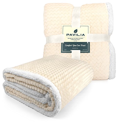 PAVILIA Premium Chevron Sherpa Throw Blanket | Soft Reversible Beige Fleece Blanket Throw