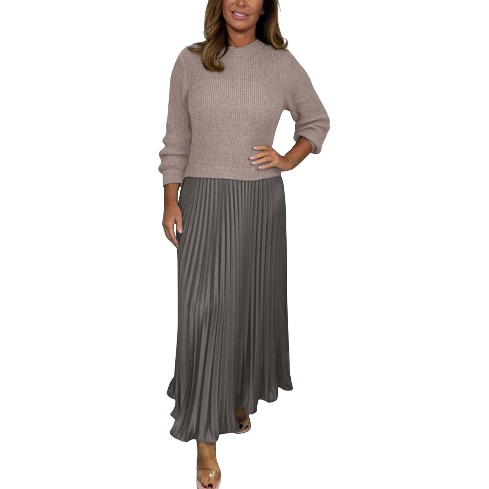 Womens Boho Dresses Crew Neck Long Sleeve Dress High Waist Smocked Pleated Teacher Church Midi Dress Fall Dresses