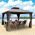 Kozyard Alexander 12' x 12' Hardtop Gazebo, Aluminum Frame with Galvanized Steel Double Roof, Outdoor Permanent Pavilion with Curtains and Netting for Patio, Backyard, Deck, Lawn(Brown)