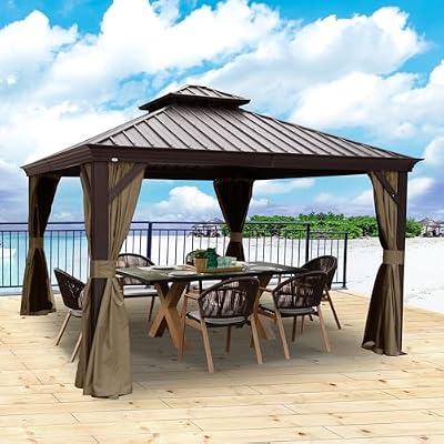 Kozyard Alexander 12' x 12' Hardtop Gazebo, Aluminum Frame with Galvanized Steel Double Roof, Outdoor Permanent Pavilion with Curtains and Netting for Patio, Backyard, Deck, Lawn(Brown)