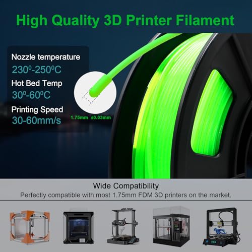 Image of 95A TPU 3D Printer Filament, 1.75mm Glow in The Dark Green, Soft TPU Flexible 3D Printing Filament, High Hardness & Resilience, Best with UV Lamps, 250g Spool, Fit Most 3D Printers
