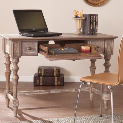 Writing Desk Clarence with Antique Look Features Broad Desktop,Side Drawers, Center Keyboard Tray and Ornate Turned Legs, Gives Elegant Appeal to your Home Office