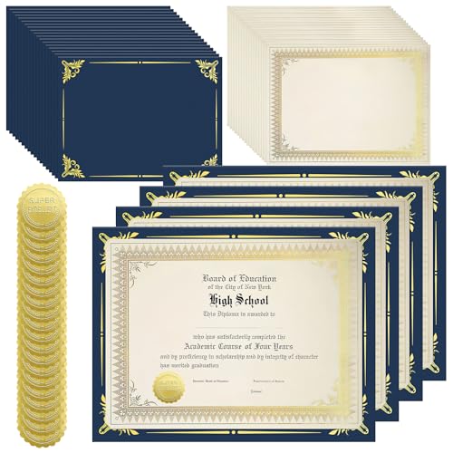 50 Sets Certificate Paper Kit Includes 50 Certificate Holder 50 Certificate Paper and 50 Certificate Seals Stickers for Graduation Diploma Award Accomplishment (Navy Blue)