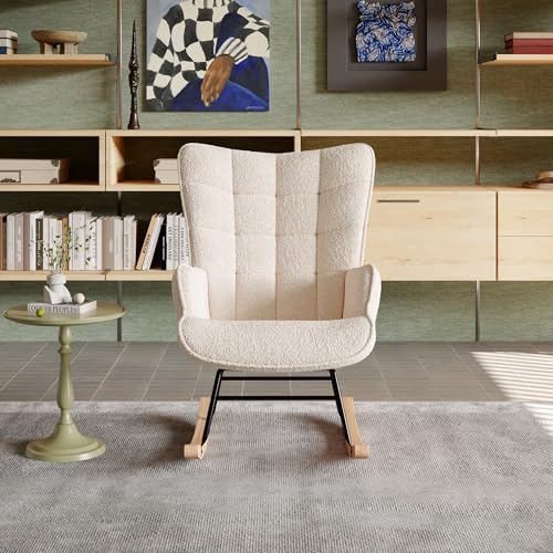 NSXSBUZ - Silla mecedora, silla de dormitorio, mecedora al aire libre, tela de felpa, sillón reclinable con reposapiés, para dormitorio, salón (Beige, estándar)