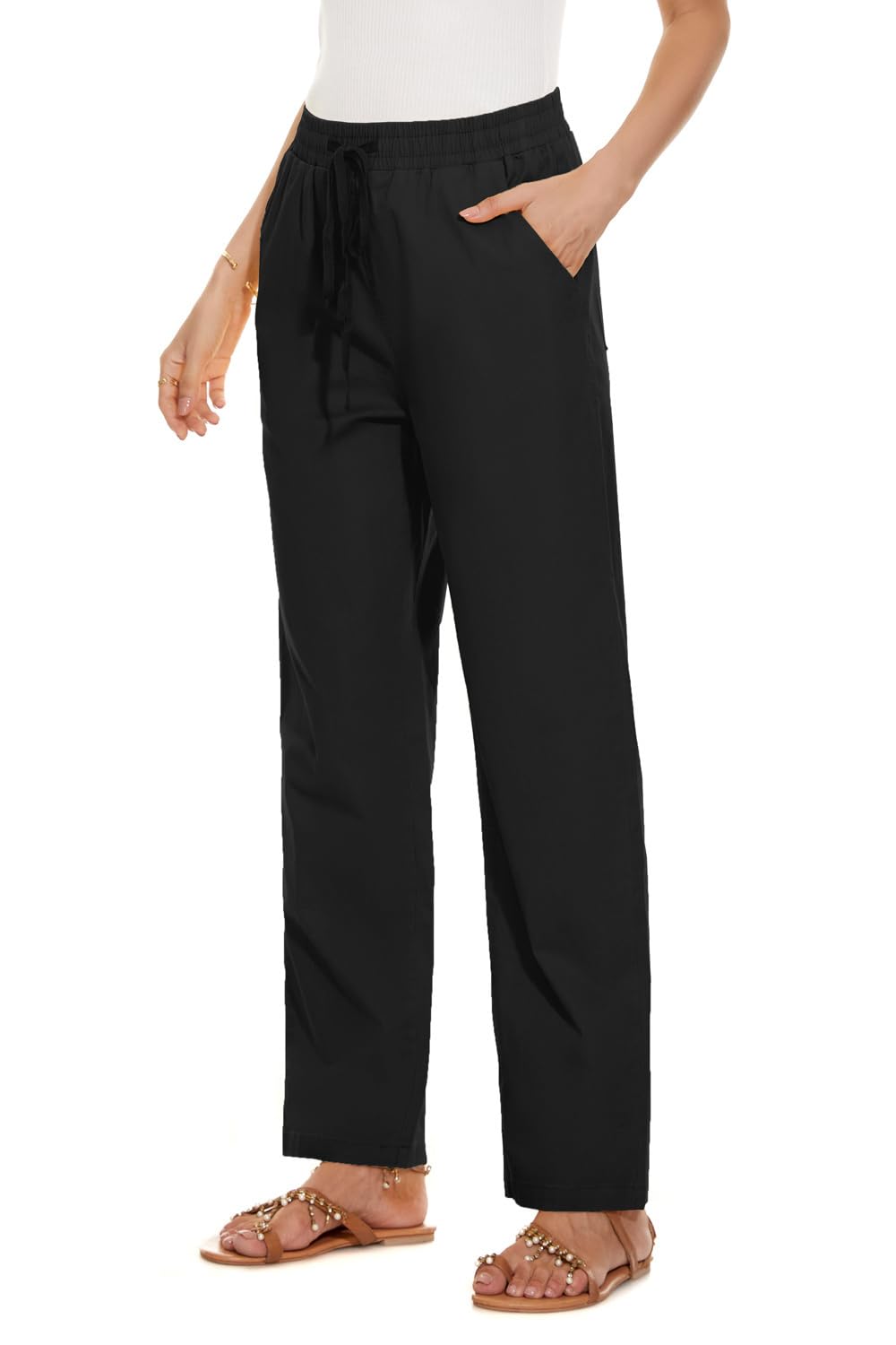 YOCUR Womens Casual Elastic High Waisted Work Pants Cotton Straight Leg Drawstring Trousers