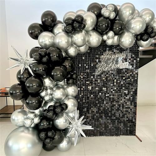 Image of Black and Silver Balloon Garland Arch Kit with 3pcs Star Balloons, Silver and Black Balloon Confetti Latex Balloons for Birthday Wedding Graduation Baby Shower Disco Anniversary Party Decorations