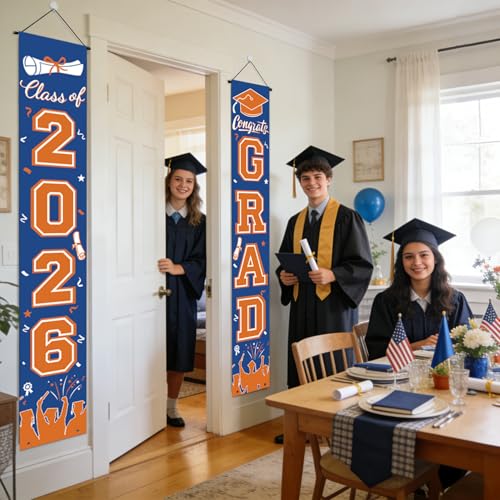 Image of Graduation Decorations 2026, Orange and Blue Door Porch Signs, Graduation Banner Class of 2026, Congrats Grad Banner for Door and Porch Graduation Party Supplies