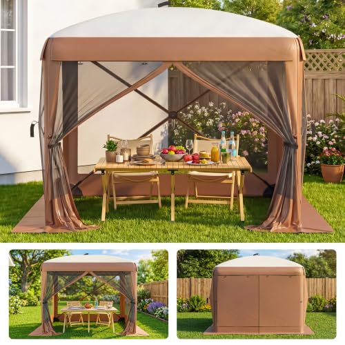 Garvee 8x8FT 4-Sided Pop Up Gazebo Screen Tent with Mesh Panels, Brown