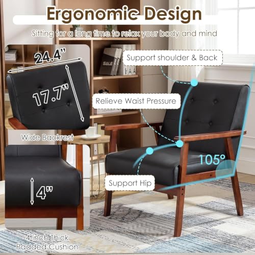 Image of STHOUYN Upholstered Accent Chair, Black Leather Arm Chair with Wood Frame | Comfy Reading Chair, Mid-Century Modern, Living Room, Waiting Room, Office