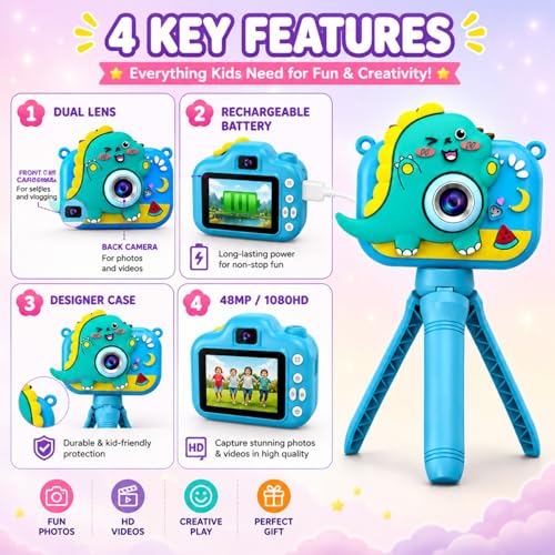 Image of Toy Imagine Dino Design Kids Digital Camera with Tripod 48MP HD Photos & 1080P Video Recording Filters,Frames & Inbuilt Games Birthday Gift for Boys & Girls Age 6-12 (Color Assorted) Card Not Included