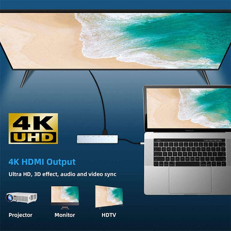 Image of Mport 8 Plus Dual Plug 8-in-1 Docking Station /Hub with HDTV, USB*2, USB C Female Port, USB C Male, Rj45, microSD /SD Card Reader, Type-C Data, USB 2.0, Type-C and USB Plug for Laptop, Mac, PC