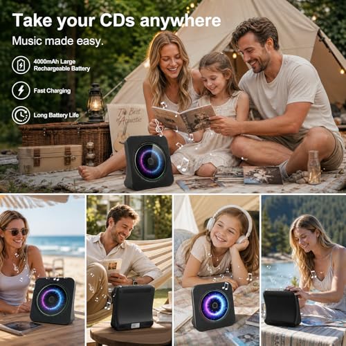 Image of CD Player Portable Bluetooth Desktop 4000mAh Rechargeable (Black) | CD Players for Home with Timer HiFi Speakers Dust Cover LCD Screen Display FM Radio 3.5mm AUX Jack Remote Control