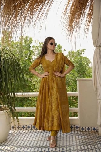 Image of ANNI Designer Kurta Sets for Women Viscose Printed | Kurti Set for Woman | Straight Kurta Narrow Narrow Pant Dupatta Set | 3 Piece Set Women | Mandarin 3 /4 Sleeve Regular Fit Stylish Ethnic Outfit