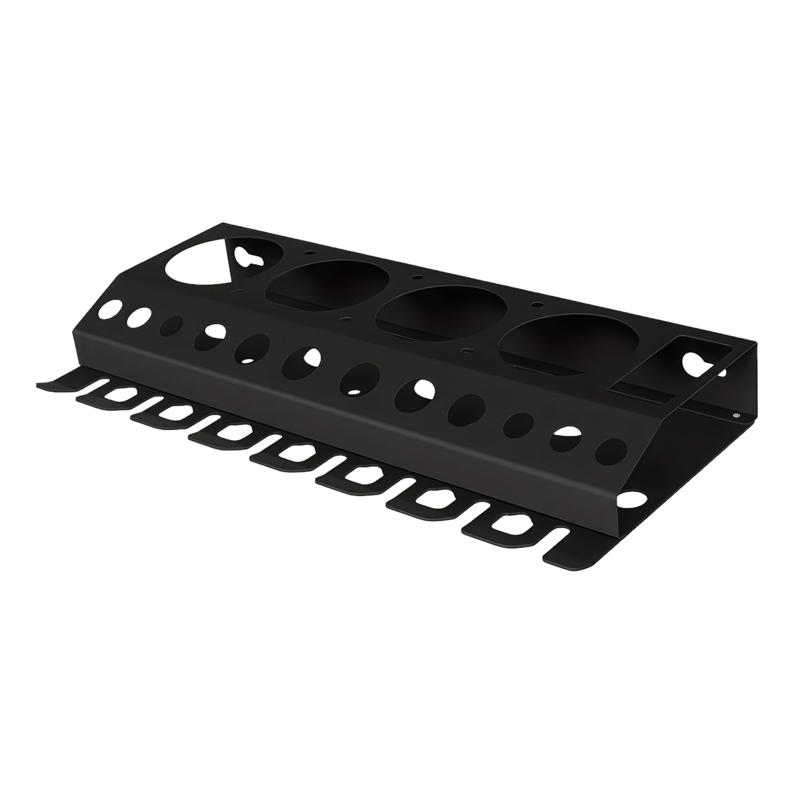 Space-saving wall mounting for workshop tools and liquid bottles in robust iron tool rack