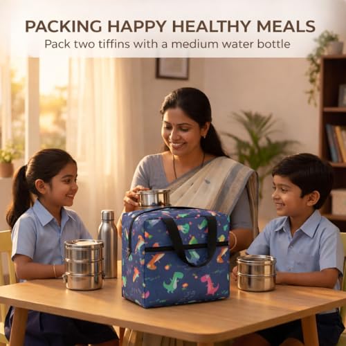 Image of Toy Imagine 5.6L Insulated Lunch Bag for Kids School Cute Cartoon Print Tiffin Bag Snack Tote Bag Compact Portable Leak Proof Tiffin Pouch Hot and Cold Lunch Box Bag for Boys & Girls (Dinosaur Design Blue)