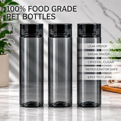 Image of H2O 1 Litre Each Water Bottle Set of 3 - Crystal Clear, BPA-Free, Breakproof & Leakproof | Fridge Safe Transparent PET Bottles | Made in India | Ideal for School, Office, Kitchen & Travel (Black)