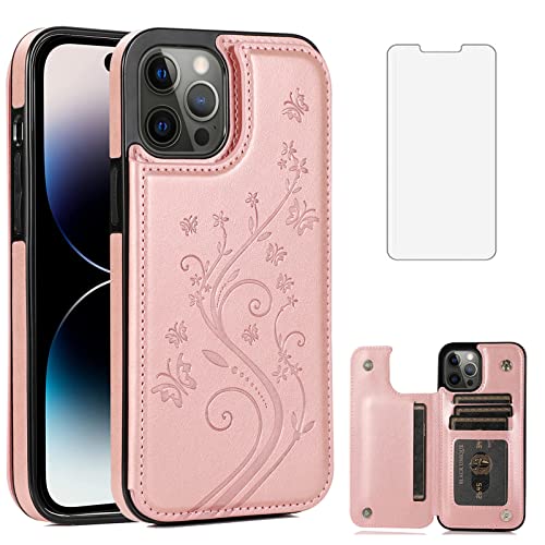 Phone Case for iPhone 14 Pro Max 6.7 inch with Tempered Glass Screen Protector and Card Holder Wallet Cover Stand Flip Leather Cell iPhone14promax 5G i Phone14Max Plus iPhone14 ProMax Women Rose Gold