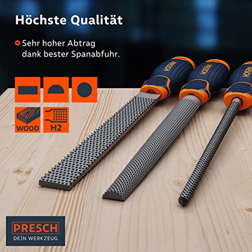 PRESCH Holzraspel Set 3tlg. - Hochwertiges Holzfeilen Set inkl. Flachstumpfraspel, Halbrund- und Rundraspel - Profi Hieb 2 Feilenset mit 200mm für Holz
