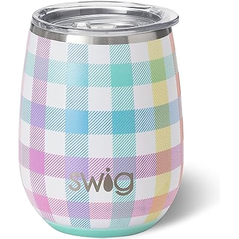 Swig Life 14oz Insulated Wine Tumbler with Lid | Discontinued Prints | Dishwasher Safe, Holds 2 Glasses, Stainless Steel Outdoor Wine Glass (Pretty in Plaid) Cover