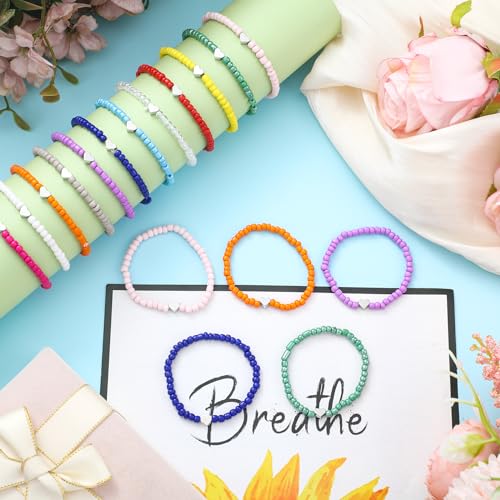 Sureio 24 Pcs Colorful Friendship Heart Bracelets Surfer Stretch Rainbow Beaded Kids valentines Bracelet for Girls Women Back to School Tween Girl Party Favors3