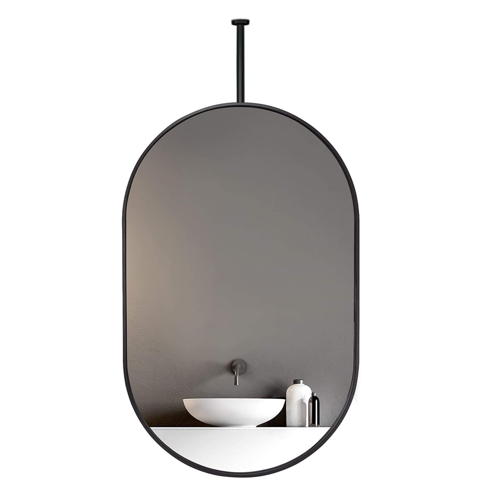 FGXHHS Mirrors for Bathroom, Oval, Suspended Mirror with Black Metal Frame Modern Nordic Vertical Hanging - Customizable Pole (Size : 50cmx70cm)