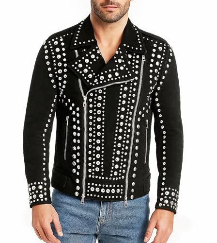 Men’s Brando Studded Punk Motorcycle Biker Black Suede Leather Jacket