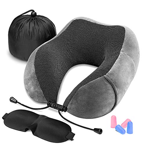 Preisvergleich Produktbild AmazeFan Memory Foam Nackenkissen - Magnetfeldtherapie Gewebe - Abnehmbarer und waschbarer Plüsch-Veloursbezug - Schlafmaske, 2 Ohrstöpsel und Reisetasche - Ideal zum Reisen und fürs Flugzeug