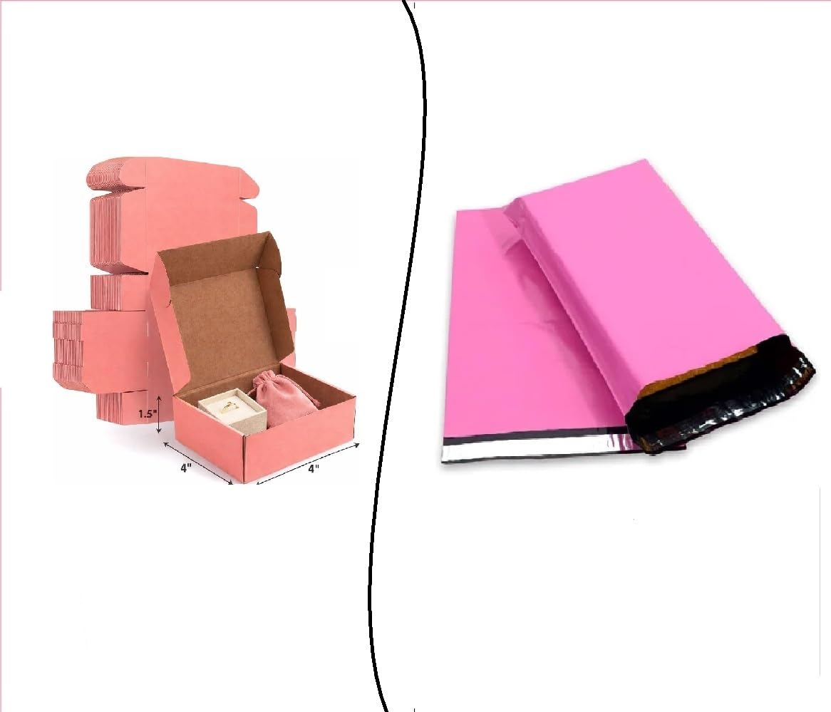 Pink Corrugated Mailer Boxes 4x4x1.5 Inches with 6.5x8 Inches POD Courier Bags | Small Packaging Combo for Shipping & E-Commerce (Pack of 20 Each)-image-35