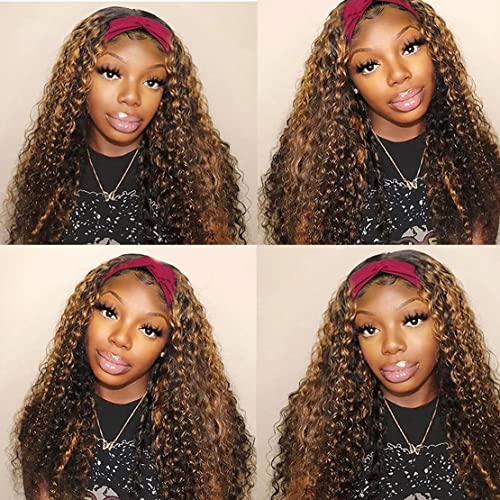 Image of Celiarita Highlight Ombre Headband Wig Deep Wave Human Hair Wigs #4 /27 Glueless 150% Density None Lace Front Machine Made Brazilian Virgin Deep Curly Human Hair Half Wigs for Black Women 12 Inch