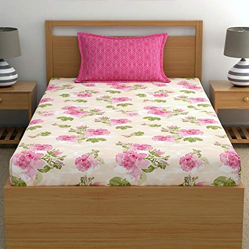 Image of Dreamscape 100% Cotton Bedsheet for Single Bed, 186 TC, 1 Bed Sheet (Size 59 x 87 inches) with 1 Pillow Cover - Pink