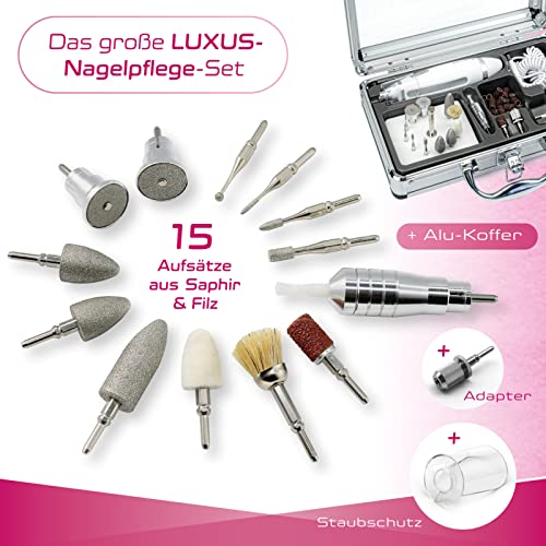 prorelax Maniküre- / Pediküre-Set DELUXE | Für Damen und Herren | Professionelle Hand- und Fußpflege für Zuhause und unterwegs | 15 hochwertige Aufsätze aus chirurgischem Stahl | Mit LED-Licht
