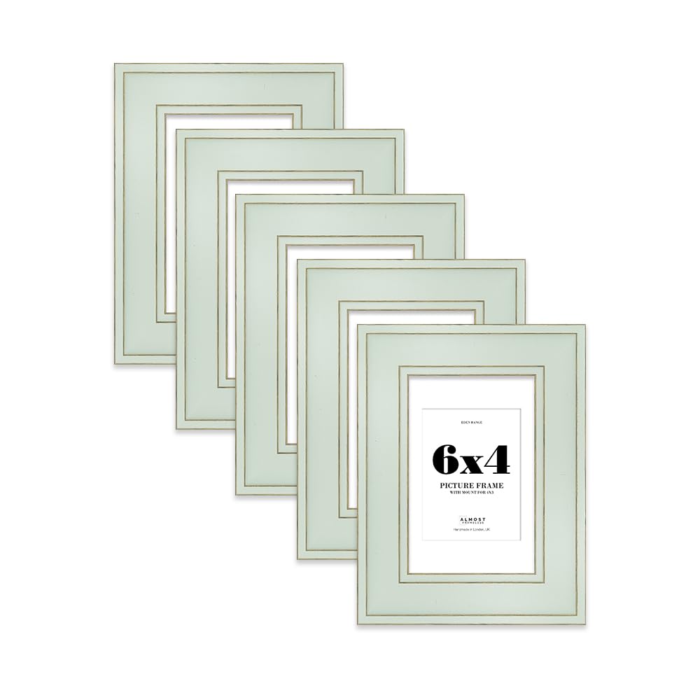 6x4" Sage Green Picture Frame with 4x3" Mount - Shabby Chic Photo Frame with Distressed Finish, Gold Trim, Wall Hooks and Kickstand, 37mm Edge - 5 Pack