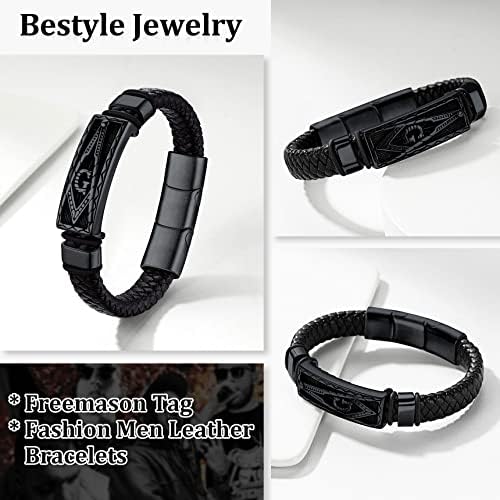 Bestyle Genuine Leather Braided Viking Bracelets for Men Boys, Vintage Thor's Hammer/Skull/Masonic Freemason Wrap Cuff Wirstband Bracelets with Magnetic Closure