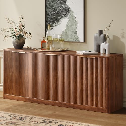 Evermagin 67' Fluted Walnut Buffet Cabinet Sideboard with Storage, Large Credenza with 6 Doors, Wood Mid Century Modern Sideboard for Kitchen and Living Room (67' W*31.5' H*15.7' D)