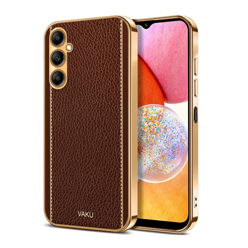 Image of Vaku Luxos Luxemberg Back Cover Case for Samsung Galaxy A14 5G with Leather Pattern Design Gold Electroplated Soft TPU Cover| Shockproof Protective Case - Brown