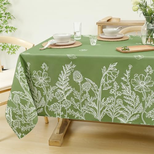 Softalker テーブルクロス おしゃれ 花柄 リネン 布製 お手入れ簡単 長方形 135x180cm 桌布 白描草木花柄 和風 テーブルくろす 緑 可愛い グリーン spring table cloth 春夏 小学生 ピクニック デザイン ダイニング キッチン キャンプ レストラン用 パーティー バレンタインデー 長机用 祭り 屋外 室内場合