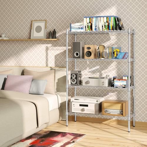 Image of Premium Heavy-Duty 4-Tier Chrome Metal Wire Storage Rack Shelf Organizer | Adjustable Multipurpose Freestanding Shelving Unit for Home, Office, Kitchen | Size 17 inch D x 27 inch W x 54 inch H Inch