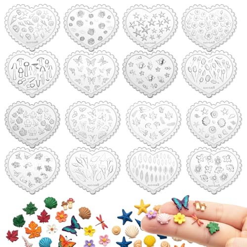 Oqqlin 16 Pcs Mini Polymer Clay Molds Mini Spring Flower and Leaf Molds Small Summer Seashell and Starfish Mold Butterfly Silicone Mold for DIY Craft Earring Making
