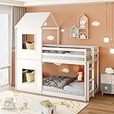 LINTAIZUO Litera de 90 x 200 cm, Cama para niños, Cama de Madera con Escalera, Cama de casa para niñas y niños, con Escalera y Dosel, de Suelo a Techo, Madera Maciza, Blanco,Weiß