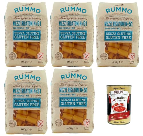Rummo Pasta sin gluten Mezzi Rigatoni N° 51, bronce dibujado sin gluten, perfecto para personas con enfermedad celíaca o intolerancia al gluten, 5 x 400 g + Polpa italiana Gourmet 400 g