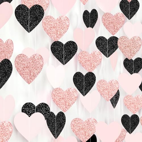 Image of Rose-Gold Black Pink Party-Decorations Heart Streamers Garland - 39FT Baby Girls Shower Hanging Paper Banner Christmas Wedding Engagement Bachelorette Bridal Shower Backdrop Valentines Decor