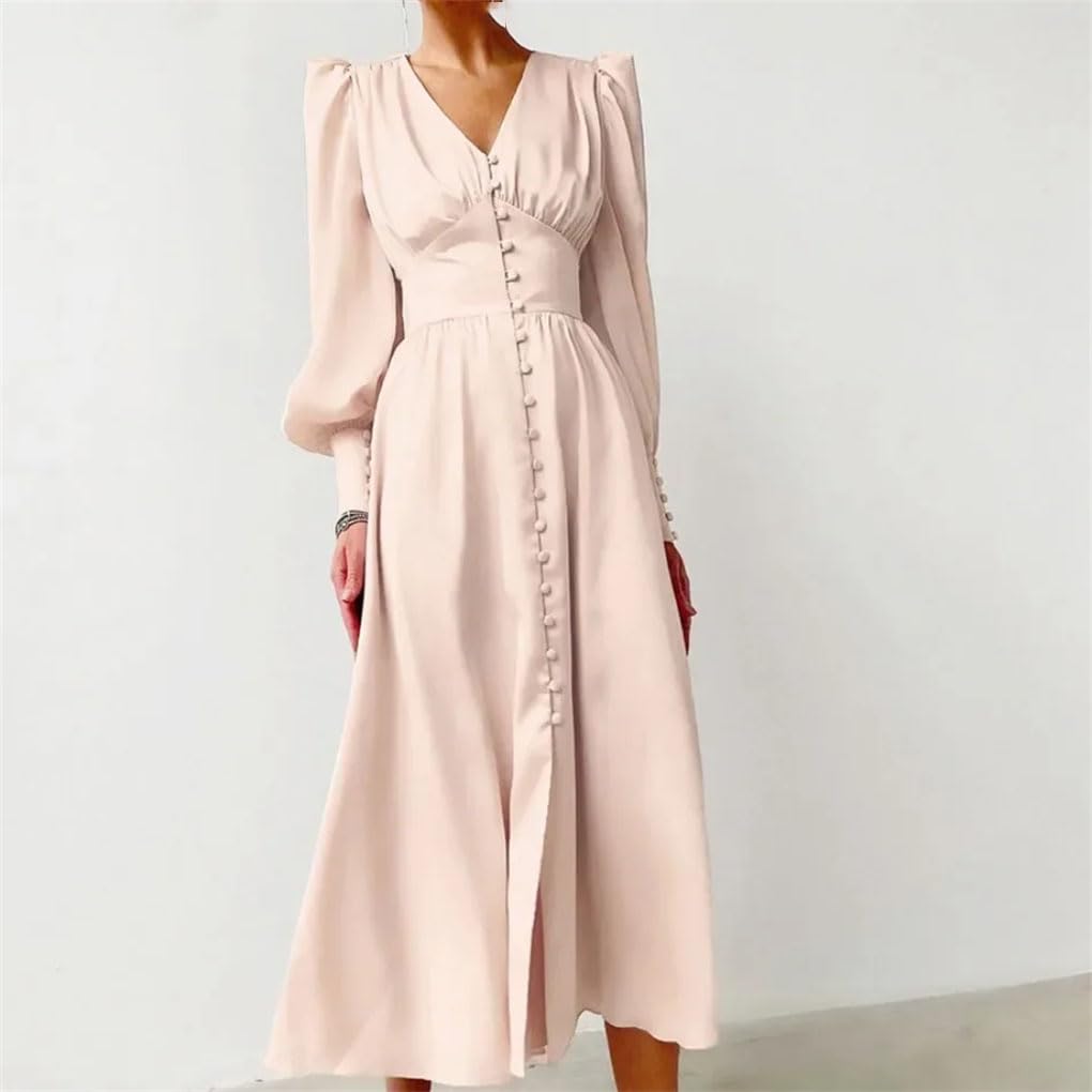 Robe longue en satin à simple boutonnage pour femme - Taille haute - Manches lanterne - Midi