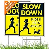 Slow Down Kids & Pets At Play With Graphics Sign, Pack of 2 Double Sided 9x12 Inches, Corrugated Plastic with Metal H Stake, Made in USA