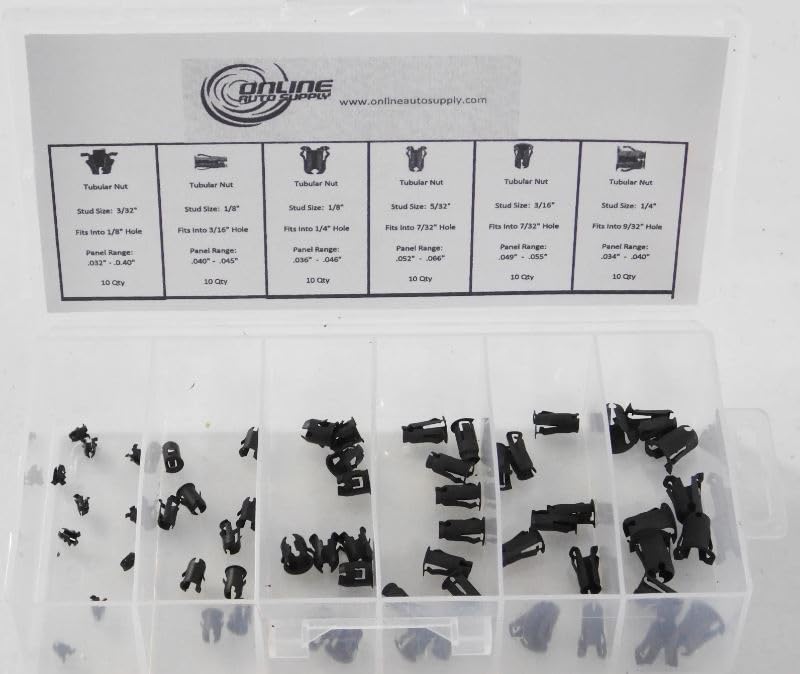 Emblem Script Clips Barrel Tubular Nuts Assortment 60pcs 6 Sizes