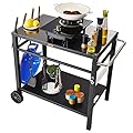 VEVOR Outdoor Grill Cart with Double-Shelf, BBQ Movable Food Prep Table with PVC Placemat, Black Iron Table Top, Portable Modular Carts for Pizza Oven, Worktable with 2 Wheels, Carry Handle