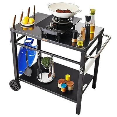 VEVOR Outdoor Grill Cart with Double-Shelf, BBQ Movable Food Prep Table with PVC Placemat, Black Iron Table Top, Portable Modular Carts for Pizza Oven, Worktable with 2 Wheels, Carry Handle