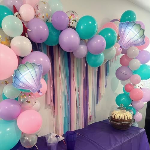 Image of Mermaid Balloons, Pastel Pale Pink Light Purple Lilac Teal Pearl White Balloons with Seashell Foil Balloon Confetti Balloon for Girls Kid Sea Birthday Party Ocean Under The Sea Baby Shower Decorations