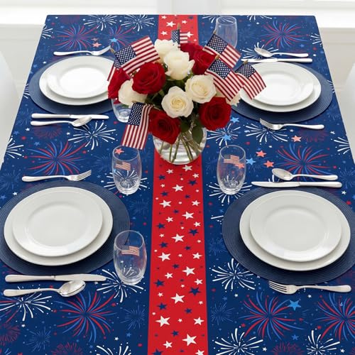 Image of Newwiee 6 Pcs 4th of July Patriotic Tablecloth Disposable American Flag Table Cloth Plastic Red White Blue Independence Day Rectangle Table Cover 250th Decoration(Fireworks,51x87)