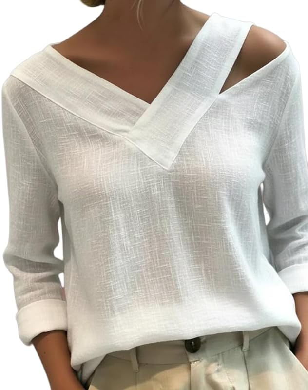 Women's Off-The-Shoulder V-Neck T-Shirt Stylish Long Sleeve Regular Fit Spring Fall Casual Daily Top